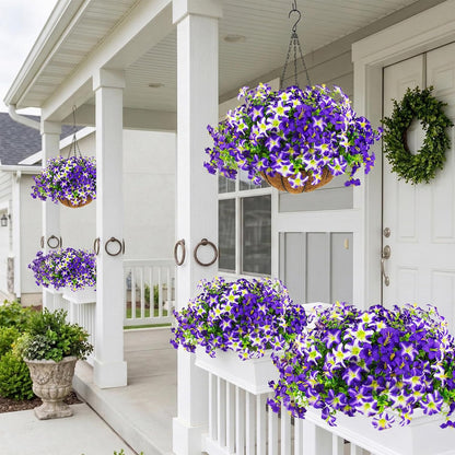2 Set Artificial Outdoor Flowers with Hanging Baskets,24 Pcs UV Resistant Faux Petunias Flowers with Hanging Planter for Front Door Porch Spring Outside Decor (2, White,Yellow,Purple,RedViolet)