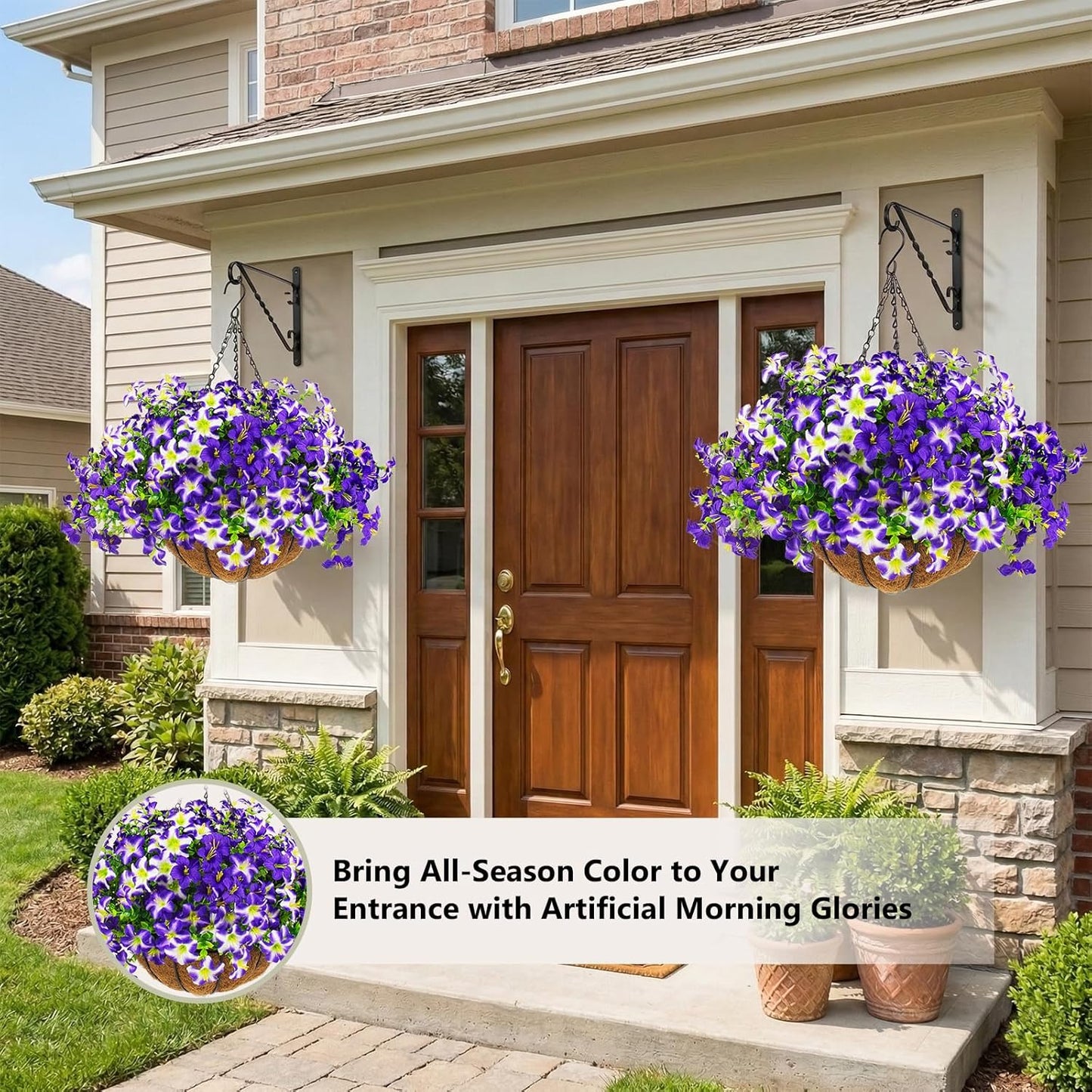 2 Set Artificial Outdoor Flowers with Hanging Baskets,24 Pcs UV Resistant Faux Petunias Flowers with Hanging Planter for Front Door Porch Spring Outside Decor (2, White,Yellow,Purple,RedViolet)