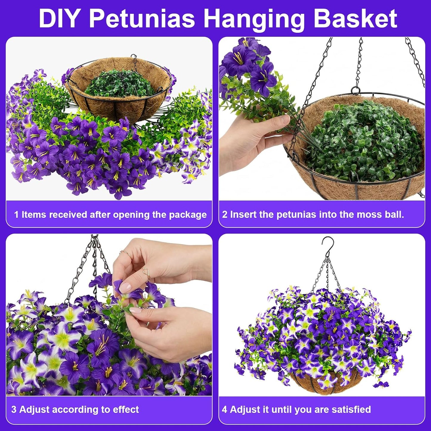 2 Set Artificial Outdoor Flowers with Hanging Baskets,24 Pcs UV Resistant Faux Petunias Flowers with Hanging Planter for Front Door Porch Spring Outside Decor (2, White,Yellow,Purple,RedViolet)