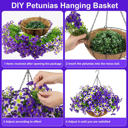 2 Set Artificial Outdoor Flowers with Hanging Baskets,24 Pcs UV Resistant Faux Petunias Flowers with Hanging Planter for Front Door Porch Spring Outside Decor (2, White,Yellow,Purple,RedViolet)