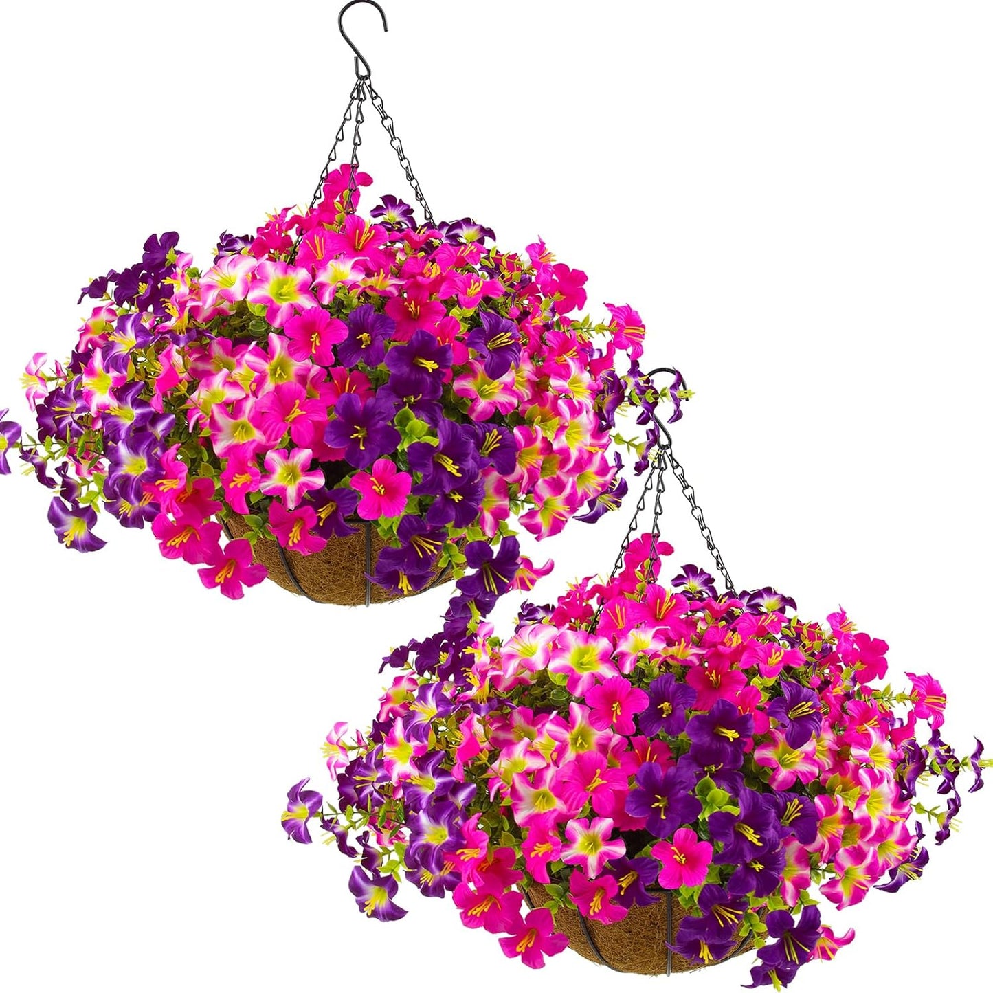2 Set Artificial Outdoor Flowers with Hanging Baskets,24 Pcs UV Resistant Faux Petunias Flowers with Hanging Planter for Front Door Porch Spring Outside Decor (2, White,Yellow,Purple,RedViolet)