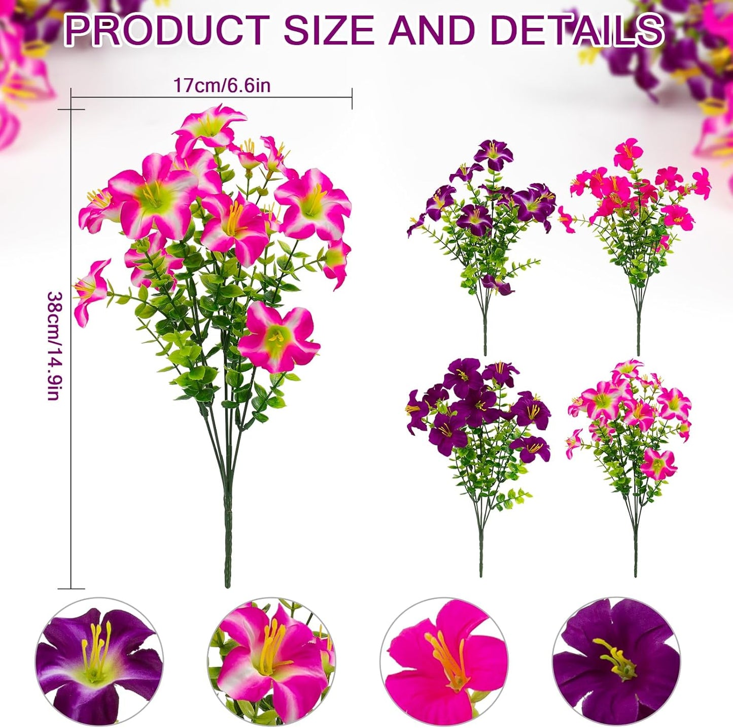 2 Set Artificial Outdoor Flowers with Hanging Baskets,24 Pcs UV Resistant Faux Petunias Flowers with Hanging Planter for Front Door Porch Spring Outside Decor (2, White,Yellow,Purple,RedViolet)