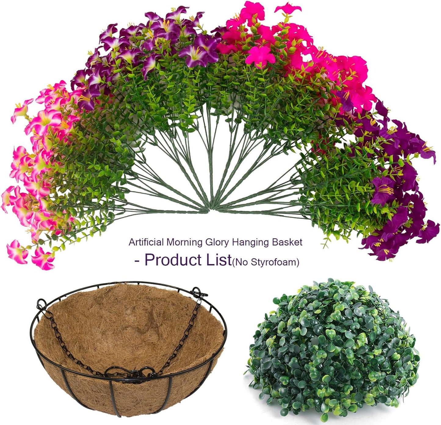 2 Set Artificial Outdoor Flowers with Hanging Baskets,24 Pcs UV Resistant Faux Petunias Flowers with Hanging Planter for Front Door Porch Spring Outside Decor (2, White,Yellow,Purple,RedViolet)