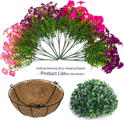 2 Set Artificial Outdoor Flowers with Hanging Baskets,24 Pcs UV Resistant Faux Petunias Flowers with Hanging Planter for Front Door Porch Spring Outside Decor (2, White,Yellow,Purple,RedViolet)