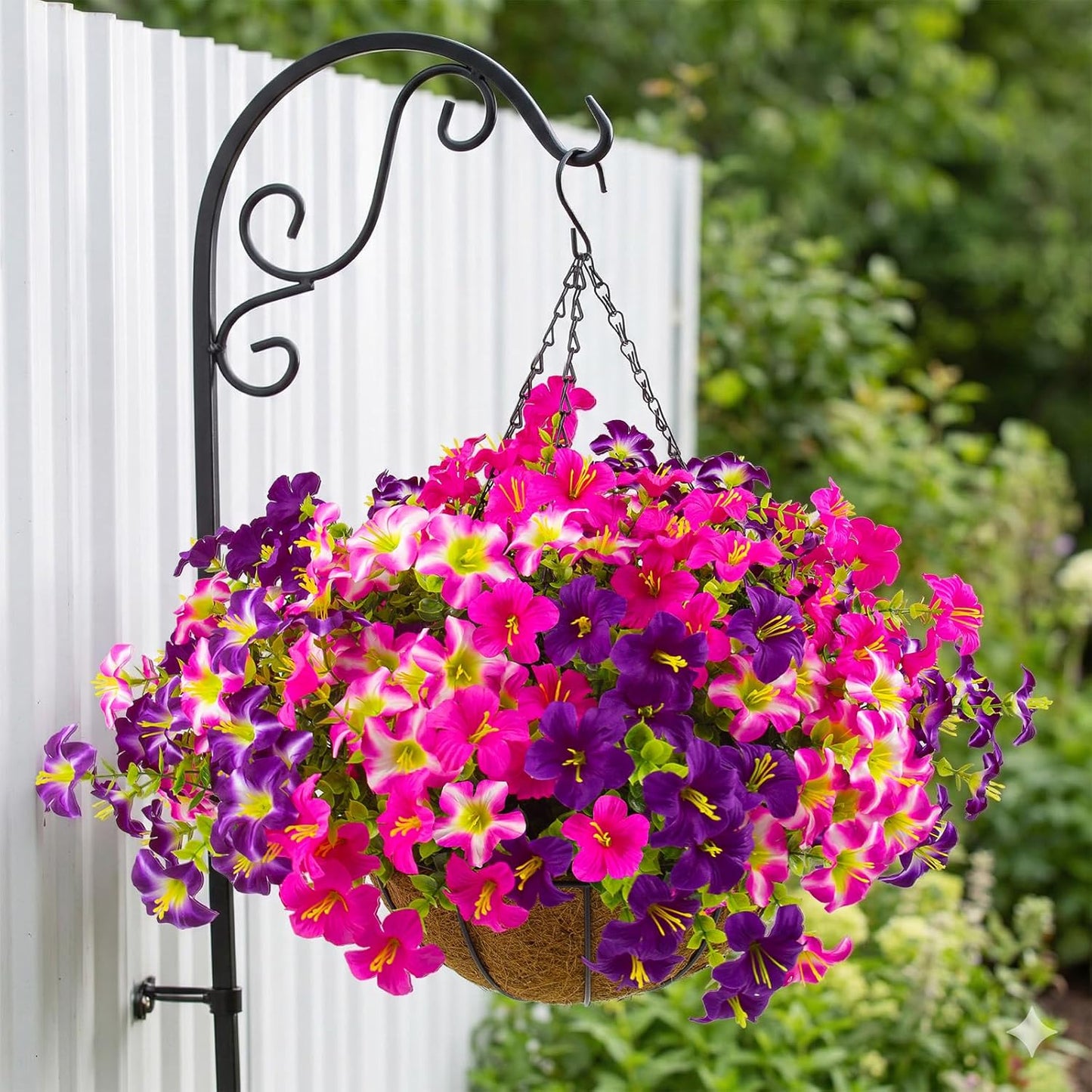 2 Set Artificial Outdoor Flowers with Hanging Baskets,24 Pcs UV Resistant Faux Petunias Flowers with Hanging Planter for Front Door Porch Spring Outside Decor (2, White,Yellow,Purple,RedViolet)