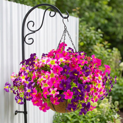 2 Set Artificial Outdoor Flowers with Hanging Baskets,24 Pcs UV Resistant Faux Petunias Flowers with Hanging Planter for Front Door Porch Spring Outside Decor (2, White,Yellow,Purple,RedViolet)