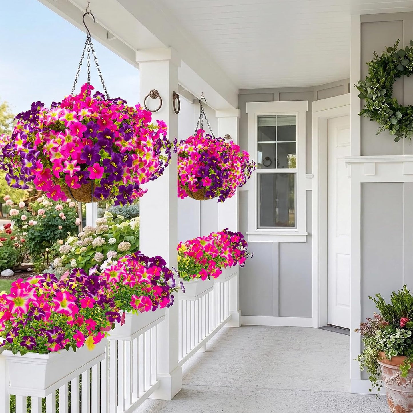 2 Set Artificial Outdoor Flowers with Hanging Baskets,24 Pcs UV Resistant Faux Petunias Flowers with Hanging Planter for Front Door Porch Spring Outside Decor (2, White,Yellow,Purple,RedViolet)