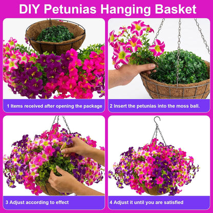 2 Set Artificial Outdoor Flowers with Hanging Baskets,24 Pcs UV Resistant Faux Petunias Flowers with Hanging Planter for Front Door Porch Spring Outside Decor (2, White,Yellow,Purple,RedViolet)