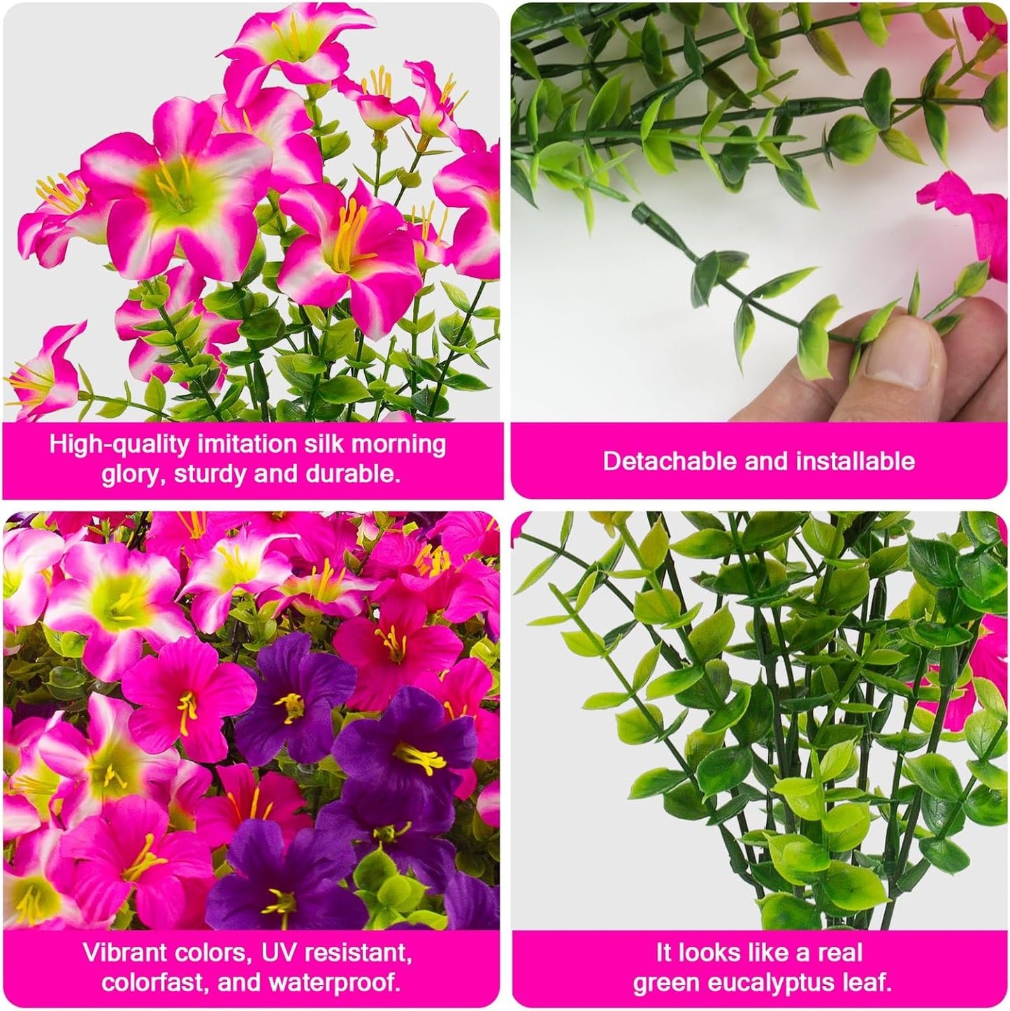 2 Set Artificial Outdoor Flowers with Hanging Baskets,24 Pcs UV Resistant Faux Petunias Flowers with Hanging Planter for Front Door Porch Spring Outside Decor (2, White,Yellow,Purple,RedViolet)