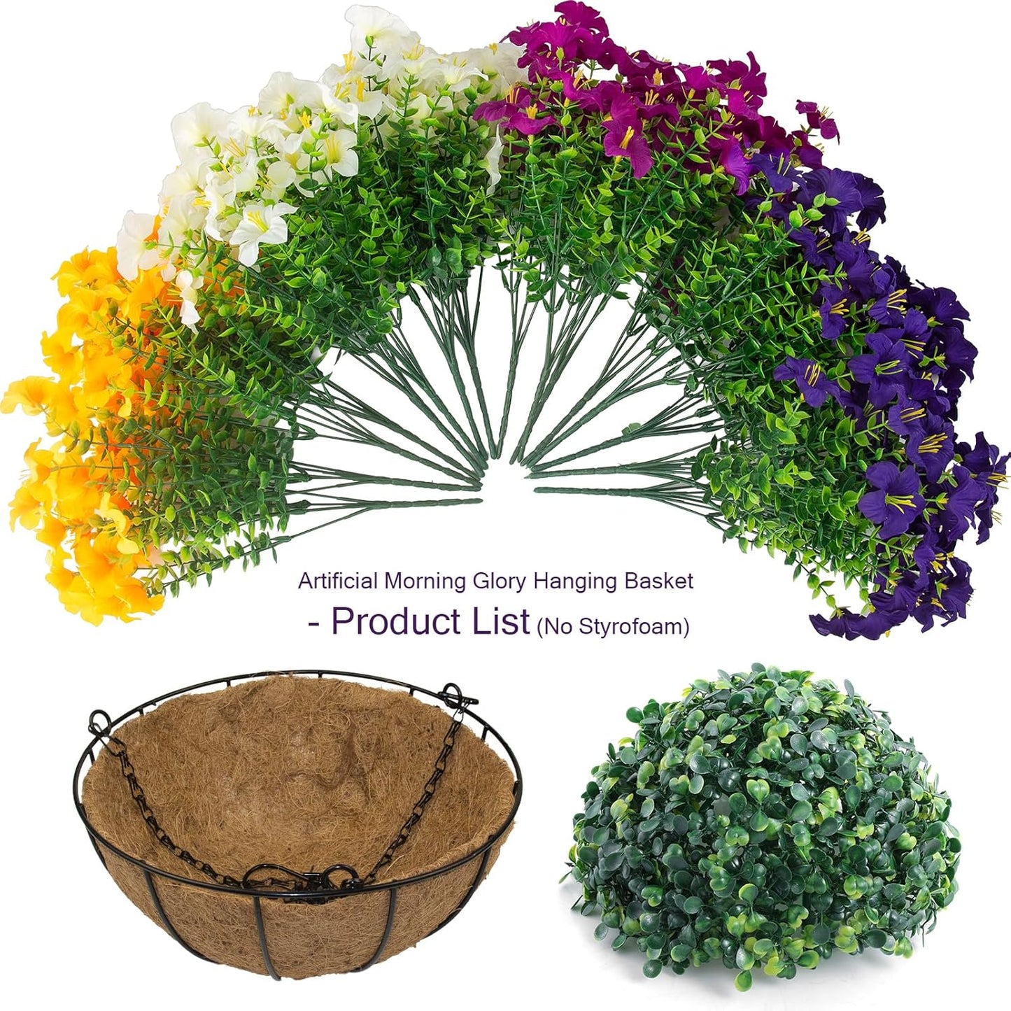 2 Set Artificial Outdoor Flowers with Hanging Baskets,24 Pcs UV Resistant Faux Petunias Flowers with Hanging Planter for Front Door Porch Spring Outside Decor (2, White,Yellow,Purple,RedViolet)