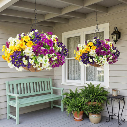2 Set Artificial Outdoor Flowers with Hanging Baskets,24 Pcs UV Resistant Faux Petunias Flowers with Hanging Planter for Front Door Porch Spring Outside Decor (2, White,Yellow,Purple,RedViolet)