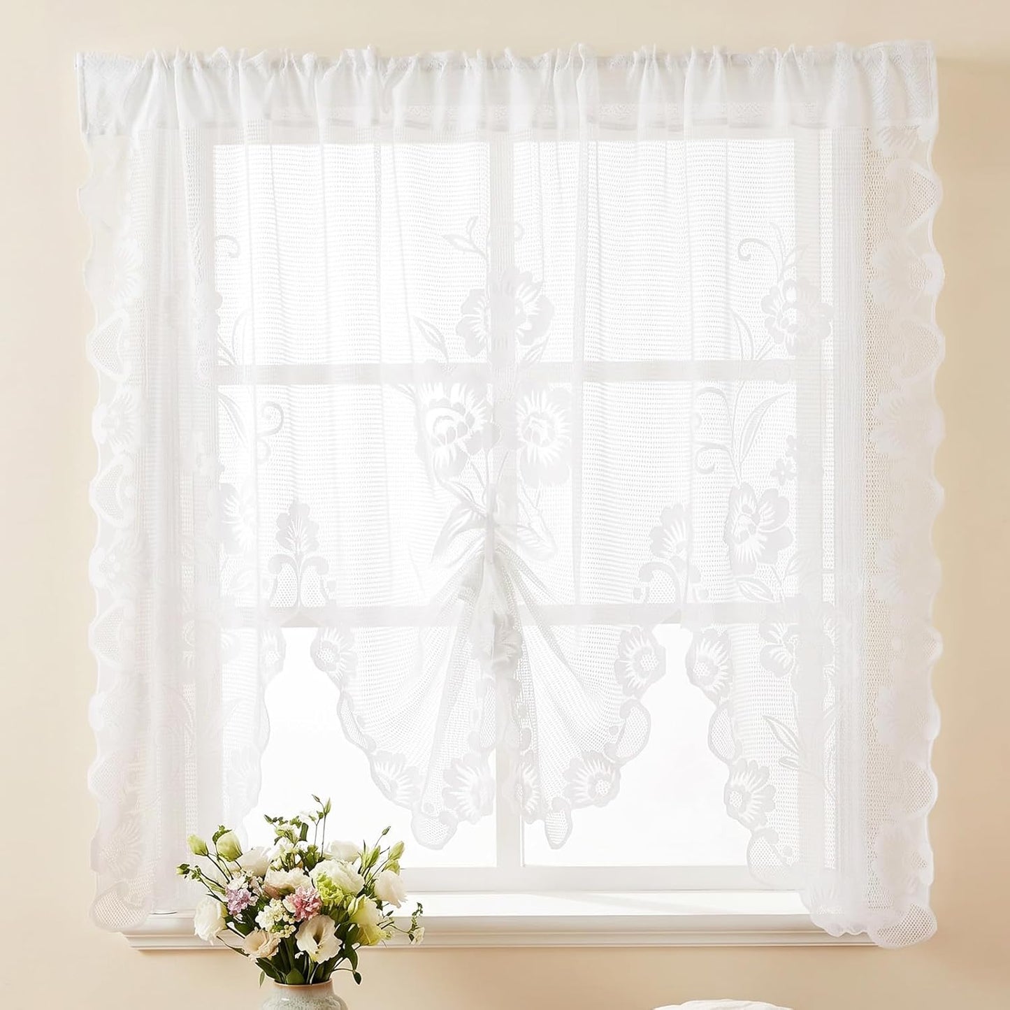 Beige Semi-Sheer Floral Lace Curtain, Hollow Knitted Valances for Windows, Short Embroidery Window Valances for Kitchen, Half Window, Bathroom, Bedroom, Living Room and Cafe Decoration