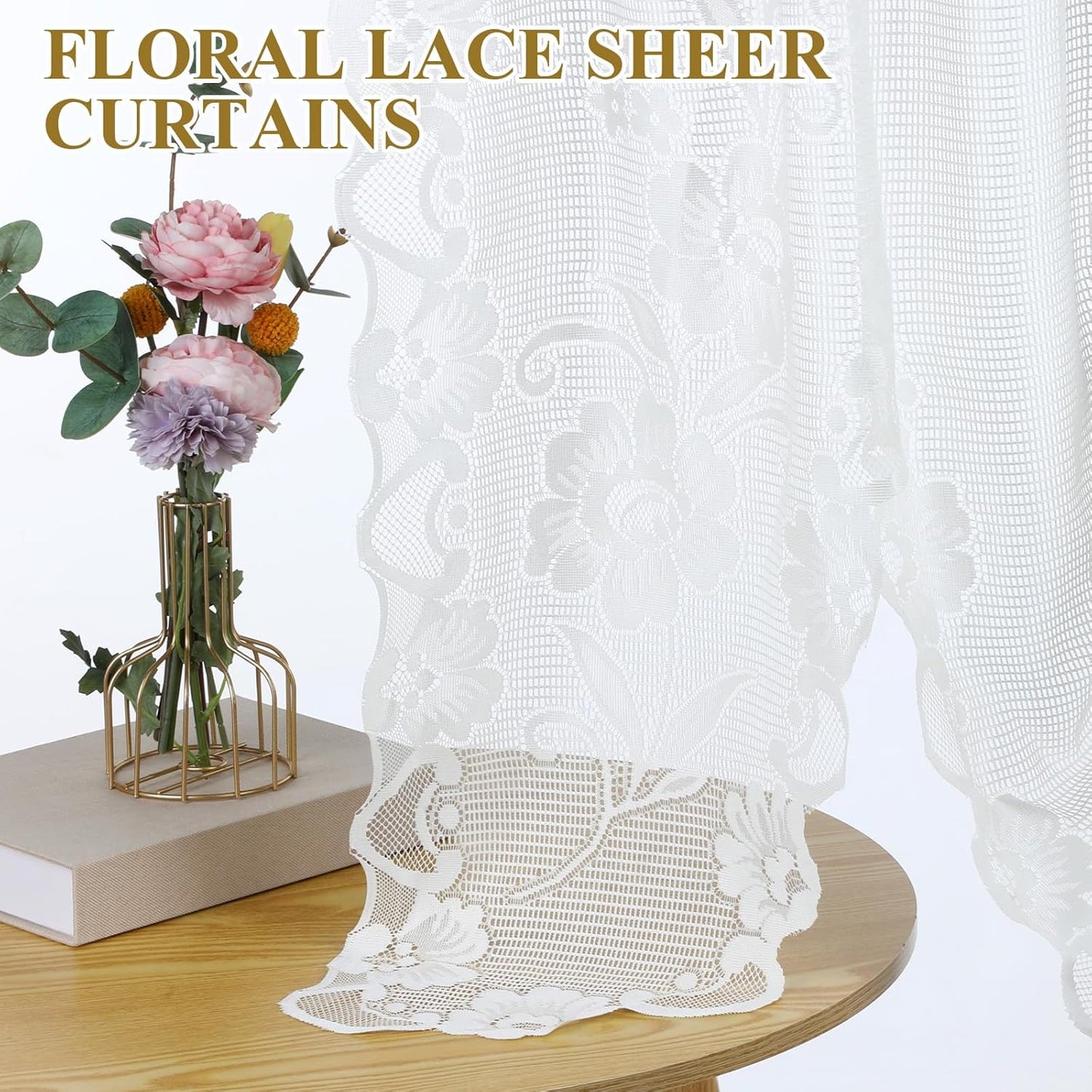 Beige Semi-Sheer Floral Lace Curtain, Hollow Knitted Valances for Windows, Short Embroidery Window Valances for Kitchen, Half Window, Bathroom, Bedroom, Living Room and Cafe Decoration
