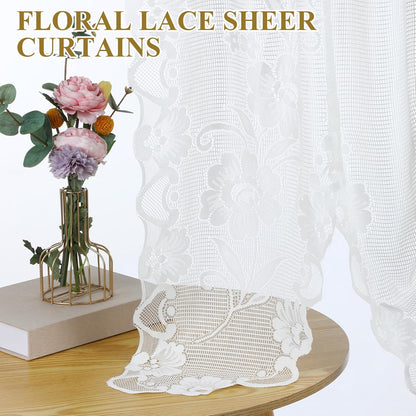 Beige Semi-Sheer Floral Lace Curtain, Hollow Knitted Valances for Windows, Short Embroidery Window Valances for Kitchen, Half Window, Bathroom, Bedroom, Living Room and Cafe Decoration