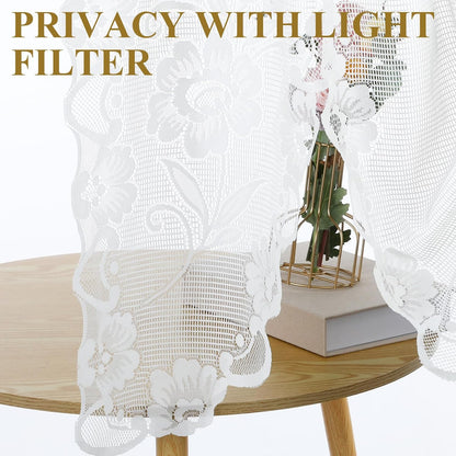 Beige Semi-Sheer Floral Lace Curtain, Hollow Knitted Valances for Windows, Short Embroidery Window Valances for Kitchen, Half Window, Bathroom, Bedroom, Living Room and Cafe Decoration