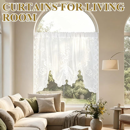 Beige Semi-Sheer Floral Lace Curtain, Hollow Knitted Valances for Windows, Short Embroidery Window Valances for Kitchen, Half Window, Bathroom, Bedroom, Living Room and Cafe Decoration