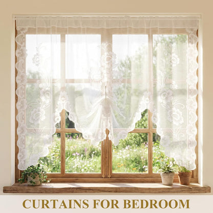 Beige Semi-Sheer Floral Lace Curtain, Hollow Knitted Valances for Windows, Short Embroidery Window Valances for Kitchen, Half Window, Bathroom, Bedroom, Living Room and Cafe Decoration