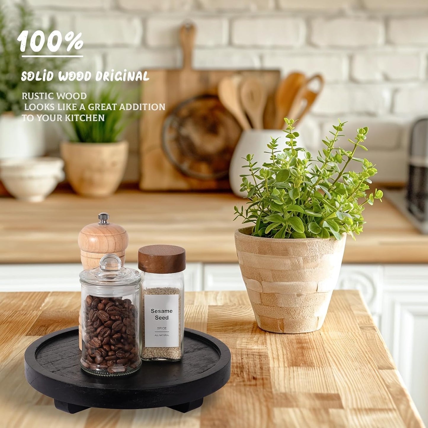 Round Decorative Tray Wood Bathroom Counter Organizer Farmhouse Kitchen Decor Wooden Riser for Soap Dish, Perfume, Candle, Sponge, 10" - Brown