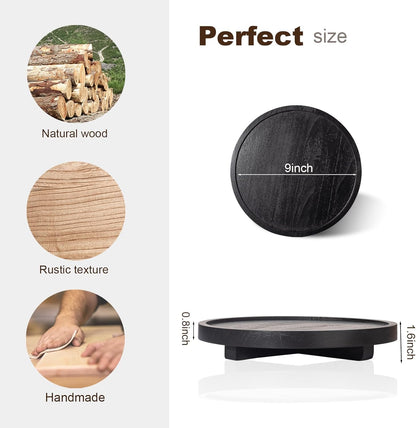 Round Decorative Tray Wood Bathroom Counter Organizer Farmhouse Kitchen Decor Wooden Riser for Soap Dish, Perfume, Candle, Sponge, 10" - Brown