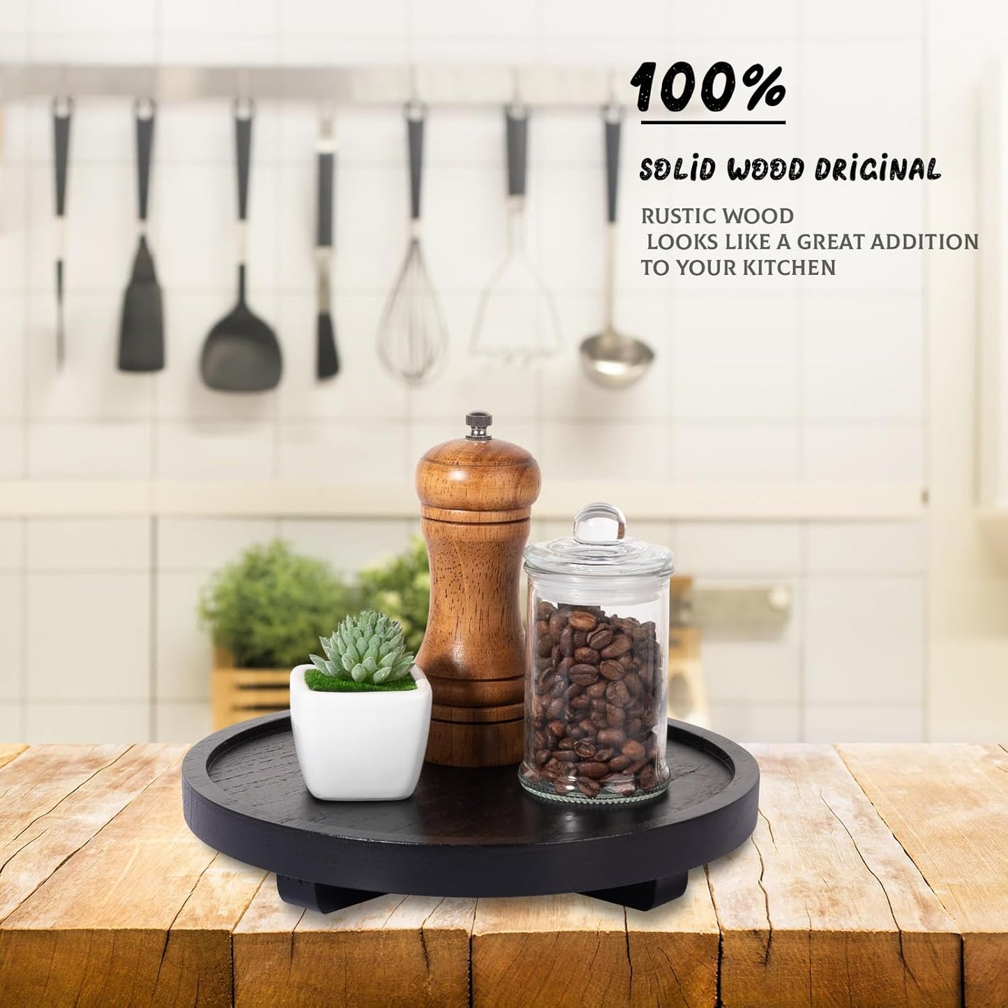 Round Decorative Tray Wood Bathroom Counter Organizer Farmhouse Kitchen Decor Wooden Riser for Soap Dish, Perfume, Candle, Sponge, 10" - Brown