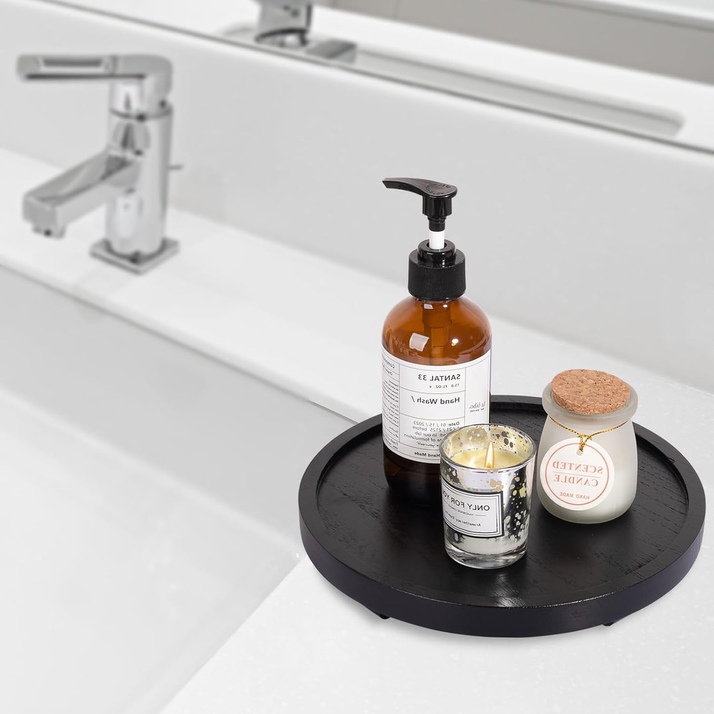 Round Decorative Tray Wood Bathroom Counter Organizer Farmhouse Kitchen Decor Wooden Riser for Soap Dish, Perfume, Candle, Sponge, 10" - Brown