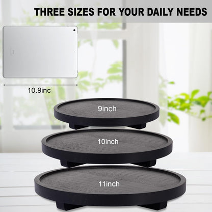 Round Decorative Tray Wood Bathroom Counter Organizer Farmhouse Kitchen Decor Wooden Riser for Soap Dish, Perfume, Candle, Sponge, 10" - Brown
