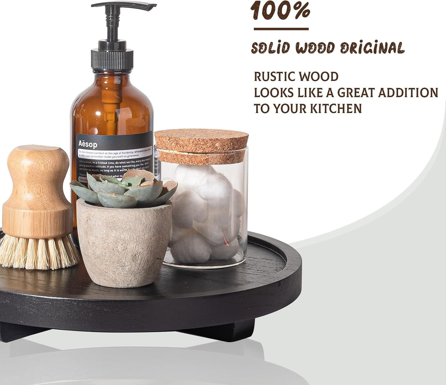 Round Decorative Tray Wood Bathroom Counter Organizer Farmhouse Kitchen Decor Wooden Riser for Soap Dish, Perfume, Candle, Sponge, 10" - Brown