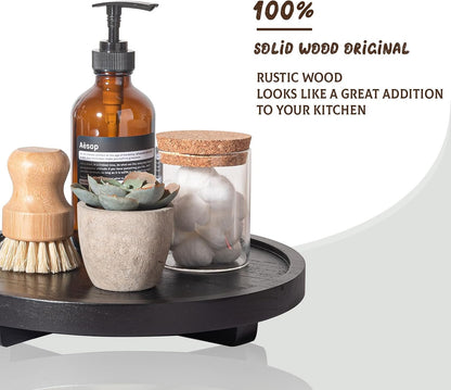 Round Decorative Tray Wood Bathroom Counter Organizer Farmhouse Kitchen Decor Wooden Riser for Soap Dish, Perfume, Candle, Sponge, 10" - Brown