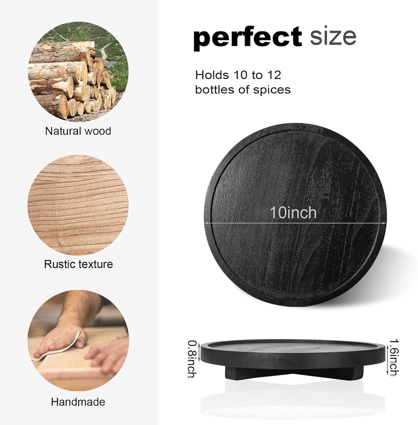 Round Decorative Tray Wood Bathroom Counter Organizer Farmhouse Kitchen Decor Wooden Riser for Soap Dish, Perfume, Candle, Sponge, 10" - Brown
