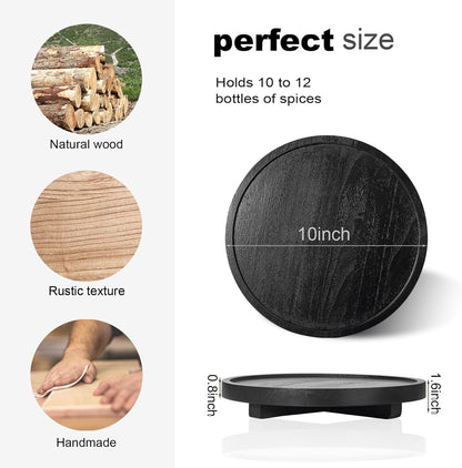 Round Decorative Tray Wood Bathroom Counter Organizer Farmhouse Kitchen Decor Wooden Riser for Soap Dish, Perfume, Candle, Sponge, 10" - Brown