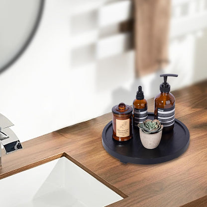 Round Decorative Tray Wood Bathroom Counter Organizer Farmhouse Kitchen Decor Wooden Riser for Soap Dish, Perfume, Candle, Sponge, 10" - Brown