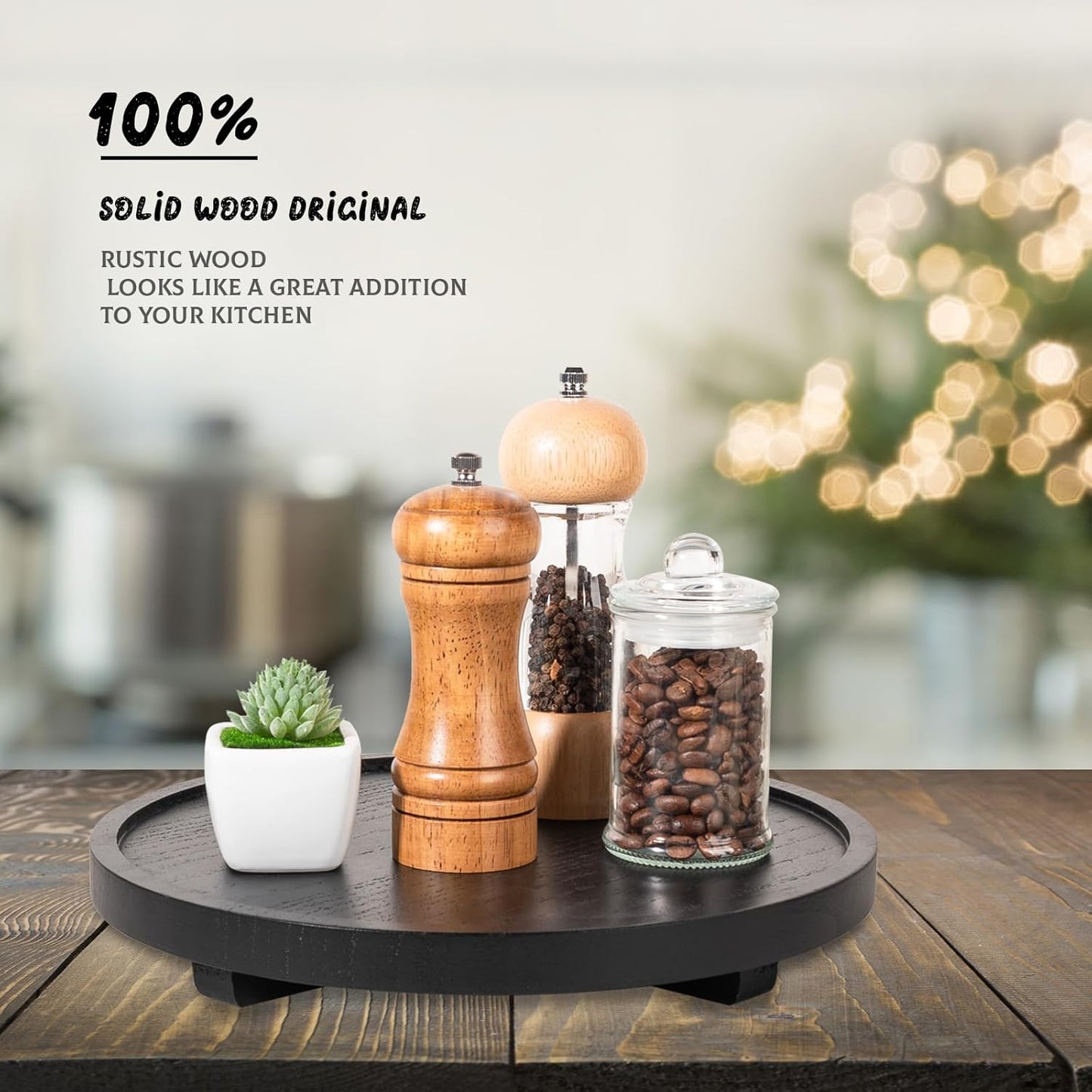 Round Decorative Tray Wood Bathroom Counter Organizer Farmhouse Kitchen Decor Wooden Riser for Soap Dish, Perfume, Candle, Sponge, 10" - Brown