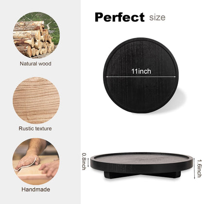 Round Decorative Tray Wood Bathroom Counter Organizer Farmhouse Kitchen Decor Wooden Riser for Soap Dish, Perfume, Candle, Sponge, 10" - Brown