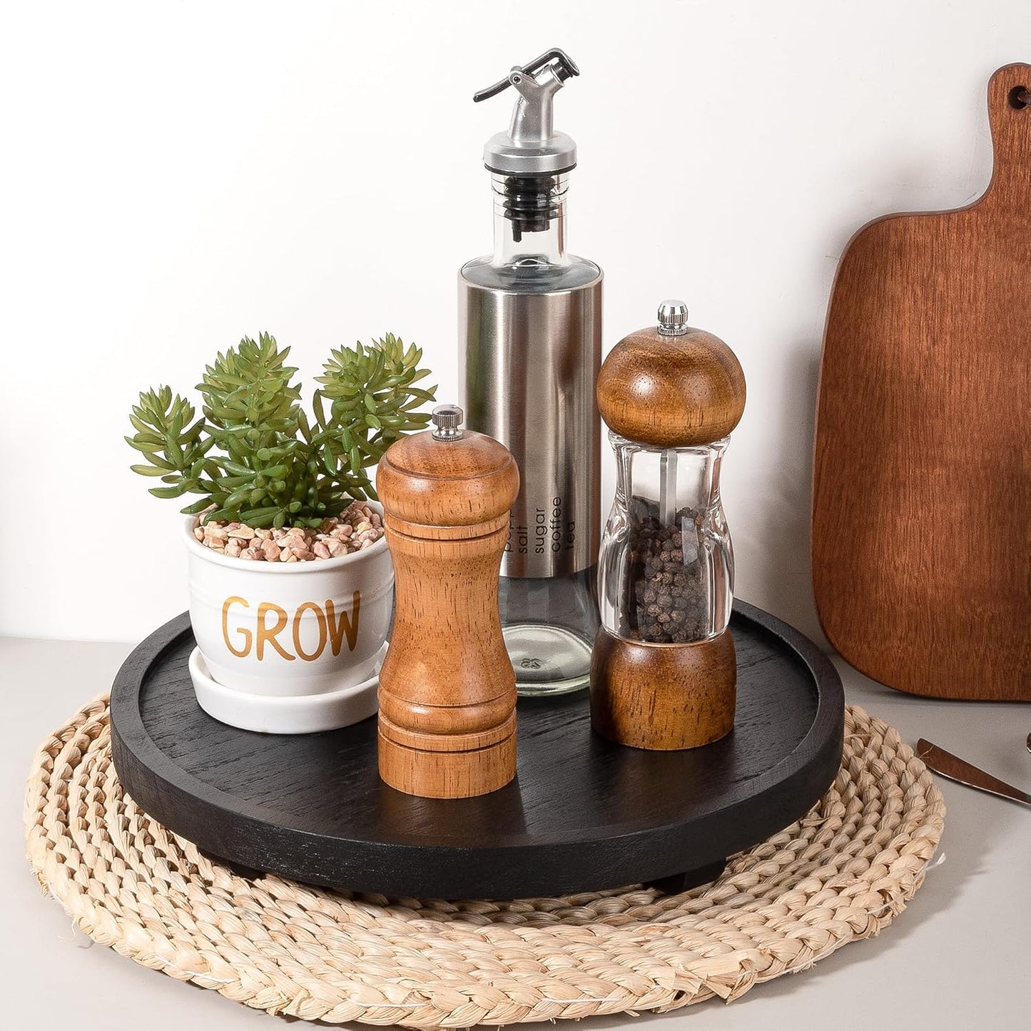 Round Decorative Tray Wood Bathroom Counter Organizer Farmhouse Kitchen Decor Wooden Riser for Soap Dish, Perfume, Candle, Sponge, 10" - Brown