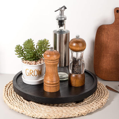 Round Decorative Tray Wood Bathroom Counter Organizer Farmhouse Kitchen Decor Wooden Riser for Soap Dish, Perfume, Candle, Sponge, 10" - Brown
