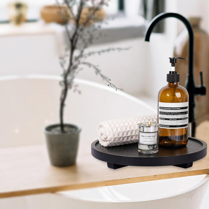 Round Decorative Tray Wood Bathroom Counter Organizer Farmhouse Kitchen Decor Wooden Riser for Soap Dish, Perfume, Candle, Sponge, 10" - Brown