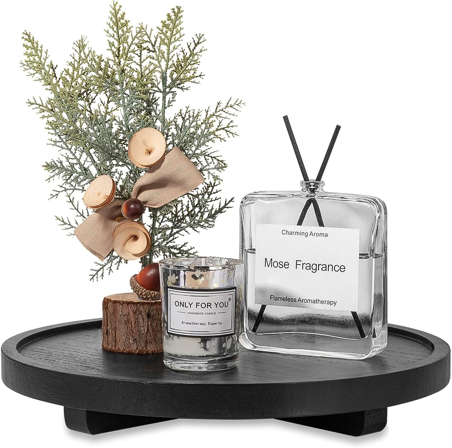 Round Decorative Tray Wood Bathroom Counter Organizer Farmhouse Kitchen Decor Wooden Riser for Soap Dish, Perfume, Candle, Sponge, 10" - Brown