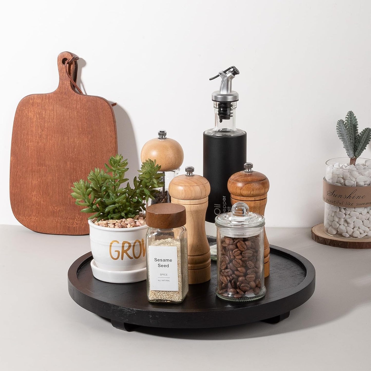 Round Decorative Tray Wood Bathroom Counter Organizer Farmhouse Kitchen Decor Wooden Riser for Soap Dish, Perfume, Candle, Sponge, 10" - Brown