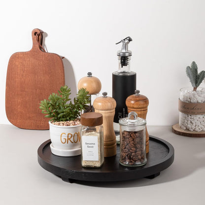 Round Decorative Tray Wood Bathroom Counter Organizer Farmhouse Kitchen Decor Wooden Riser for Soap Dish, Perfume, Candle, Sponge, 10" - Brown