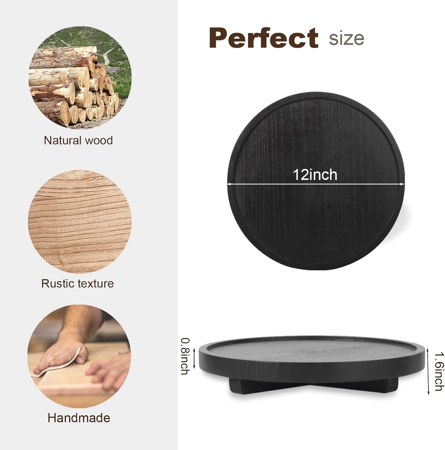 Round Decorative Tray Wood Bathroom Counter Organizer Farmhouse Kitchen Decor Wooden Riser for Soap Dish, Perfume, Candle, Sponge, 10" - Brown