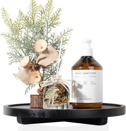 Round Decorative Tray Wood Bathroom Counter Organizer Farmhouse Kitchen Decor Wooden Riser for Soap Dish, Perfume, Candle, Sponge, 10" - Brown