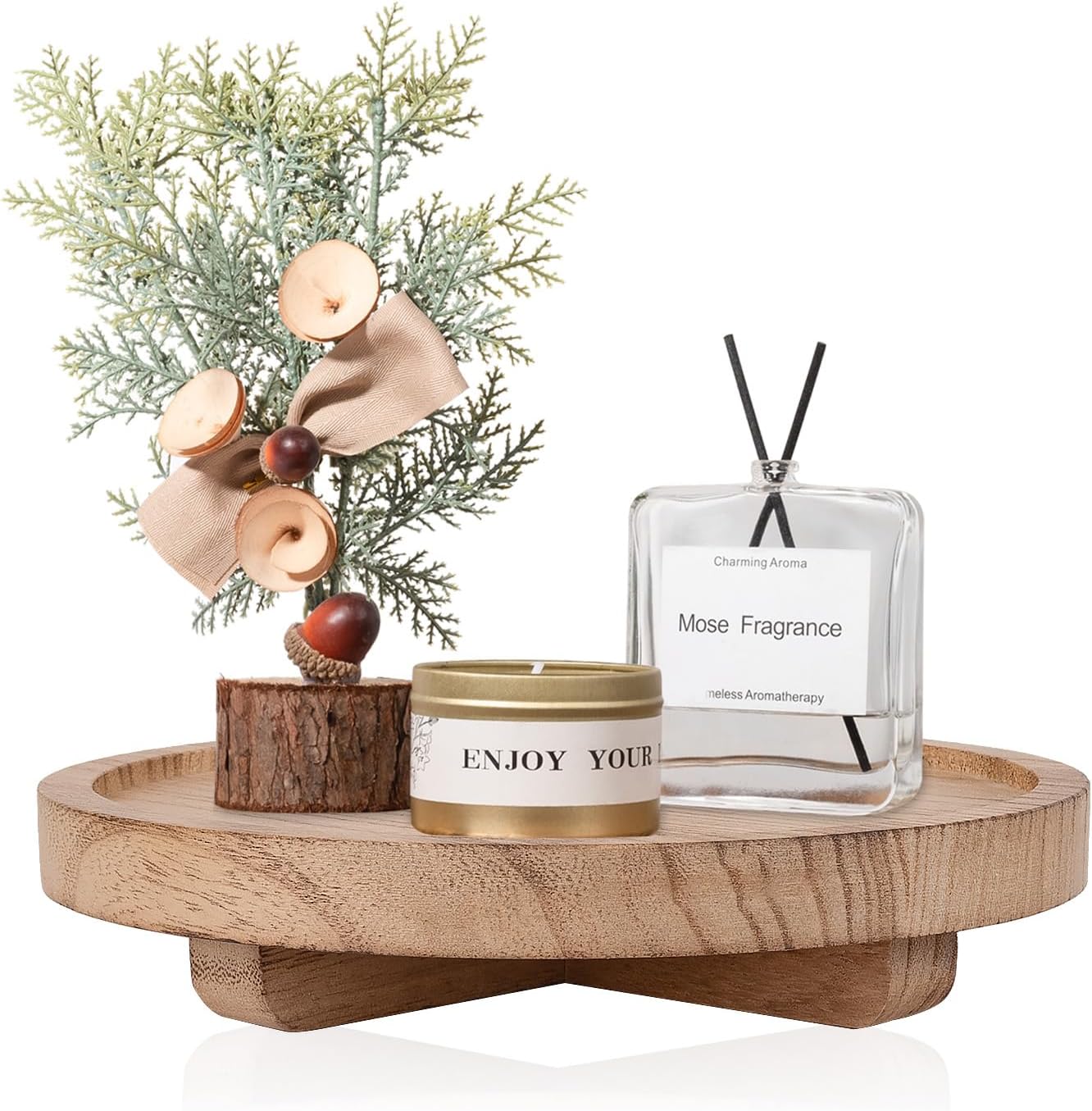 Round Decorative Tray Wood Bathroom Counter Organizer Farmhouse Kitchen Decor Wooden Riser for Soap Dish, Perfume, Candle, Sponge, 10" - Brown
