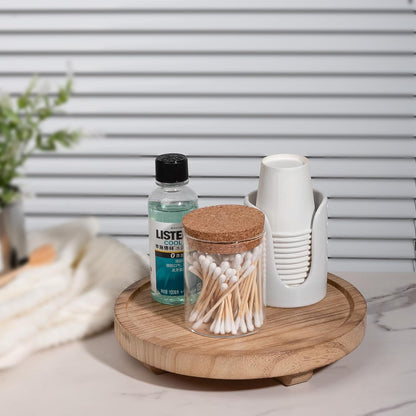 Round Decorative Tray Wood Bathroom Counter Organizer Farmhouse Kitchen Decor Wooden Riser for Soap Dish, Perfume, Candle, Sponge, 10" - Brown