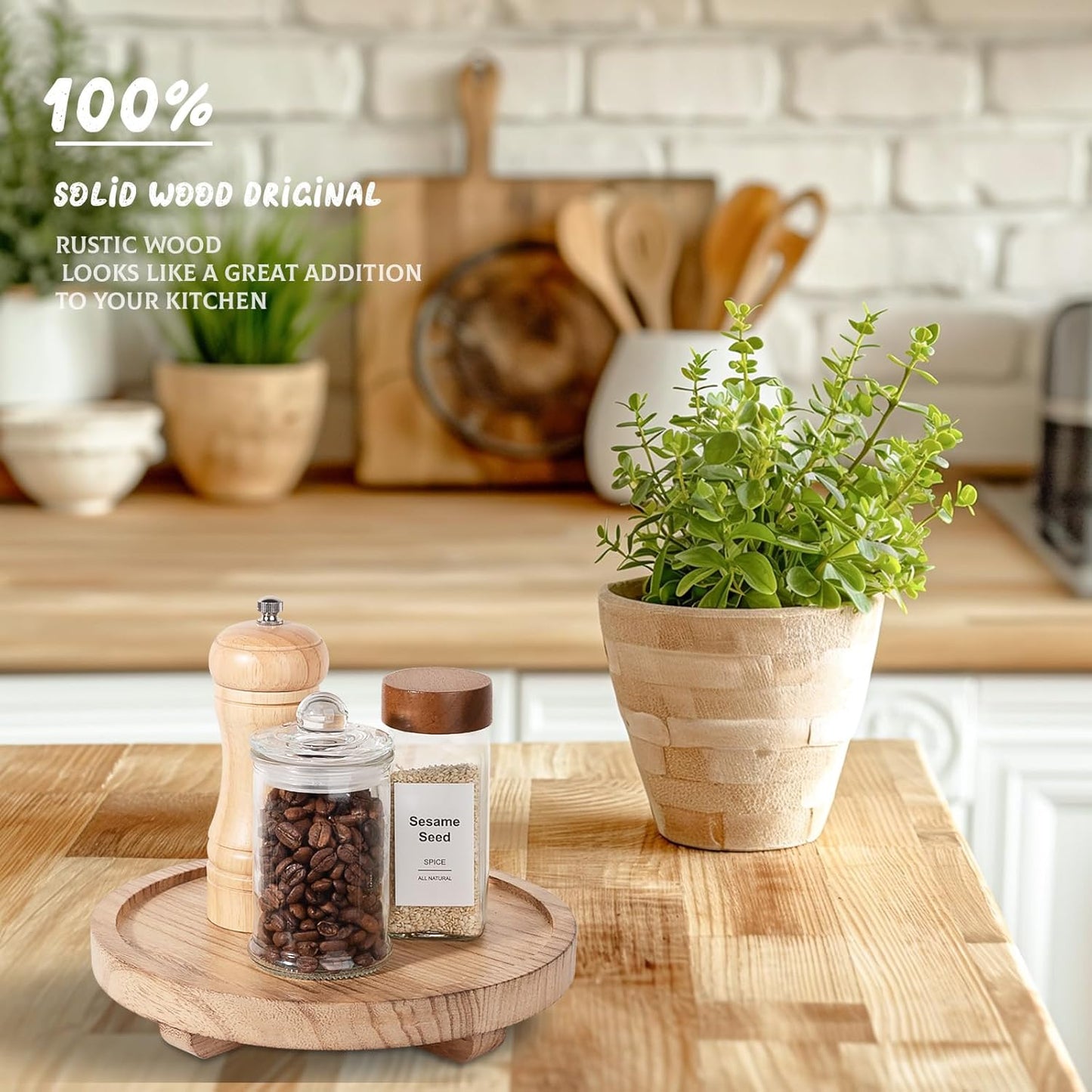 Round Decorative Tray Wood Bathroom Counter Organizer Farmhouse Kitchen Decor Wooden Riser for Soap Dish, Perfume, Candle, Sponge, 10" - Brown