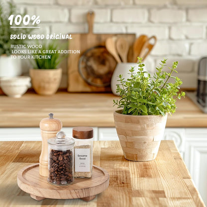 Round Decorative Tray Wood Bathroom Counter Organizer Farmhouse Kitchen Decor Wooden Riser for Soap Dish, Perfume, Candle, Sponge, 10" - Brown