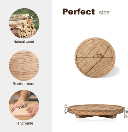 Round Decorative Tray Wood Bathroom Counter Organizer Farmhouse Kitchen Decor Wooden Riser for Soap Dish, Perfume, Candle, Sponge, 10" - Brown
