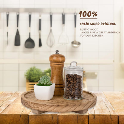 Round Decorative Tray Wood Bathroom Counter Organizer Farmhouse Kitchen Decor Wooden Riser for Soap Dish, Perfume, Candle, Sponge, 10" - Brown