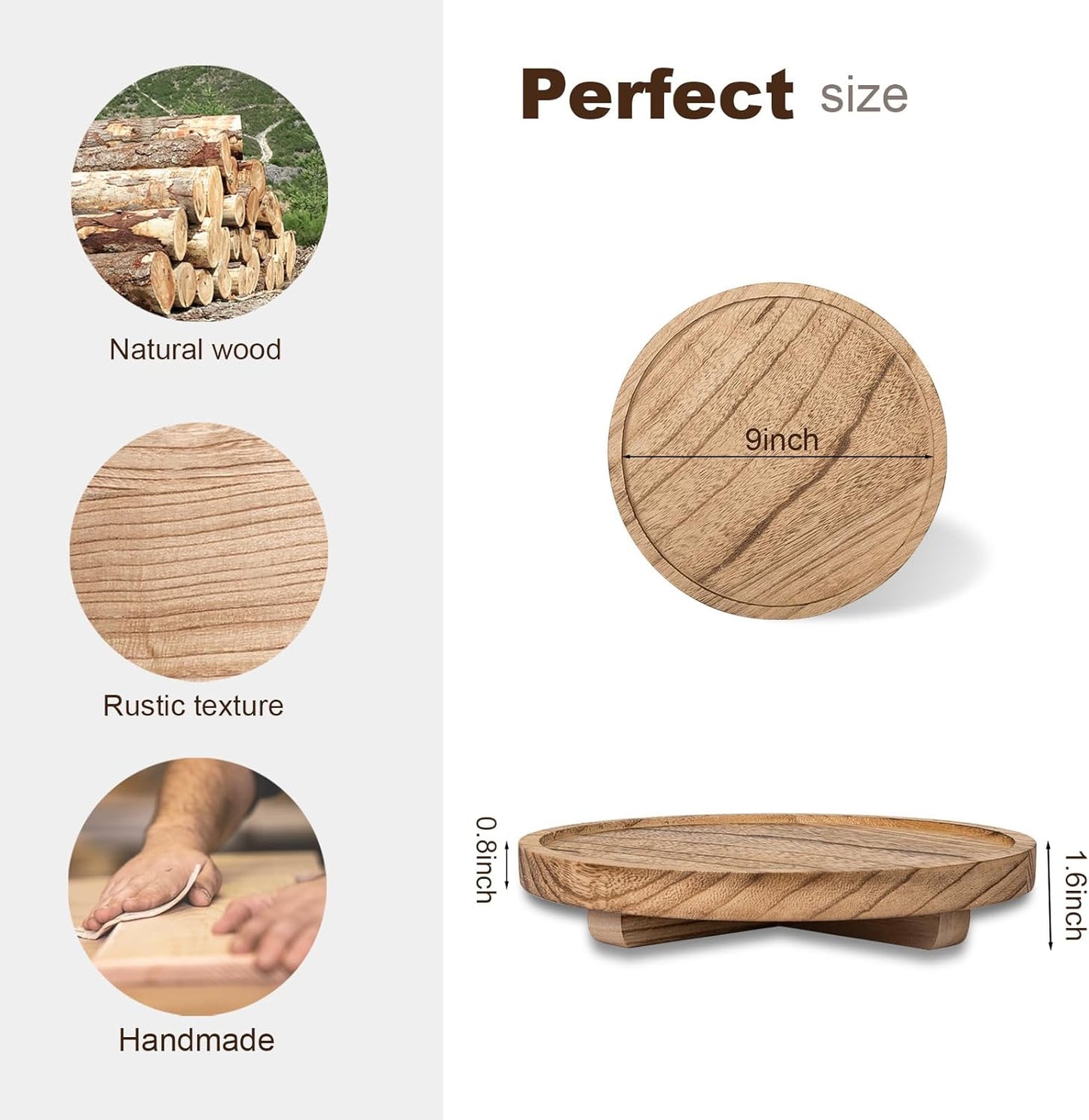 Round Decorative Tray Wood Bathroom Counter Organizer Farmhouse Kitchen Decor Wooden Riser for Soap Dish, Perfume, Candle, Sponge, 10" - Brown