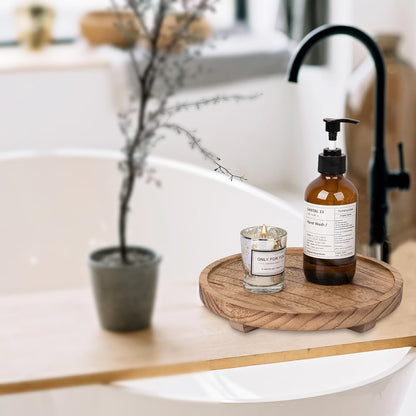 Round Decorative Tray Wood Bathroom Counter Organizer Farmhouse Kitchen Decor Wooden Riser for Soap Dish, Perfume, Candle, Sponge, 10" - Brown