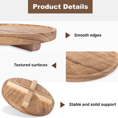 Round Decorative Tray Wood Bathroom Counter Organizer Farmhouse Kitchen Decor Wooden Riser for Soap Dish, Perfume, Candle, Sponge, 10" - Brown